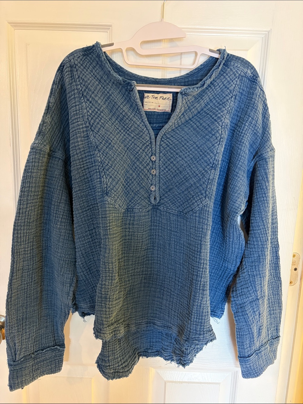 Free People Washed Blue Waffle Henley Pullover